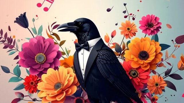 Dapper crow wearing black tuxedo with vibrant flowers and music