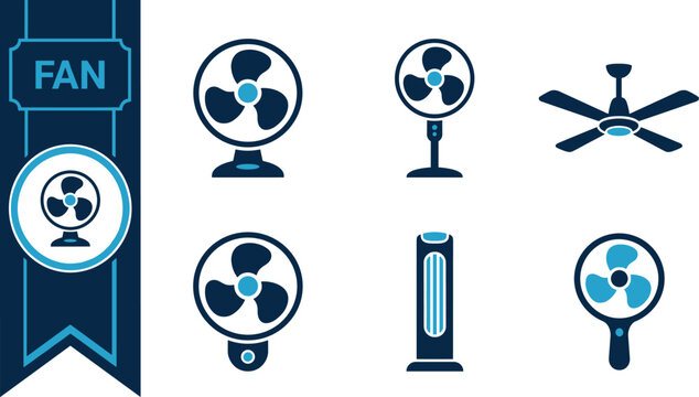 Fan appliance icon set featuring electric fan ceiling fan table fan cooling device ventilation air flow home appliance and climate comfort symbols for websites mobile apps ui kits infographics