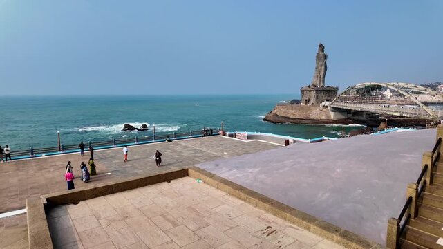 Thiruvalluvar Statue and Sea Glass Bridge Over Ocean at Kanyakumari, Tamil Nadu