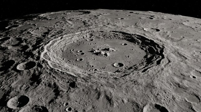 Panoramic View of Massive Impact Crater on Lunar Surface
