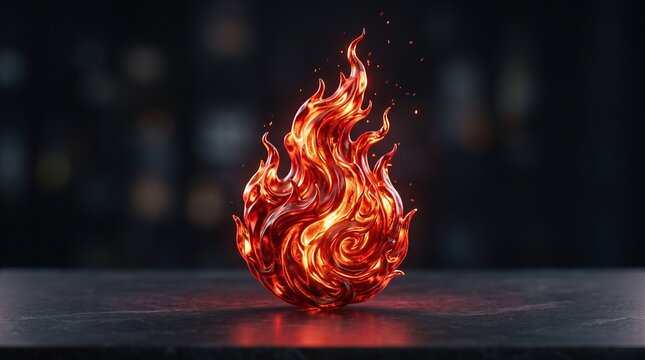 Glowing flame orb stock photo. Abstract fire sphere with liquid glass texture and red and orange light reflections. Centered on a dark reflective surface. Ideal for energy and fantasy projects