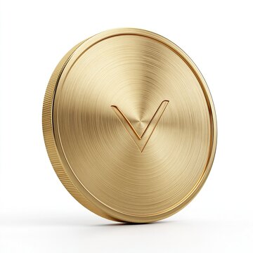 Brushed golden circular coin with engraved V mark logo on solid clean white background premium cryptocurrency or award token 3d illustration for finance projects