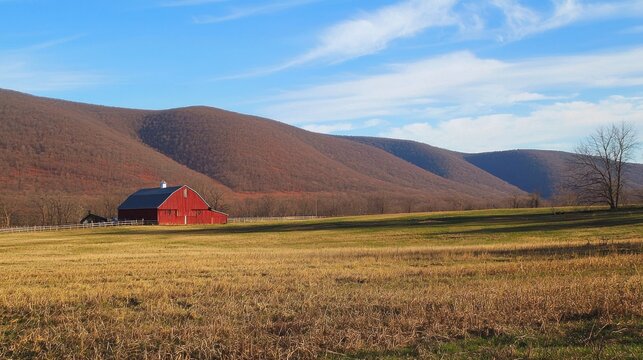 A rural Pennsylvania farm with a red barn, rolling hills, and green pastures under a blue sky.