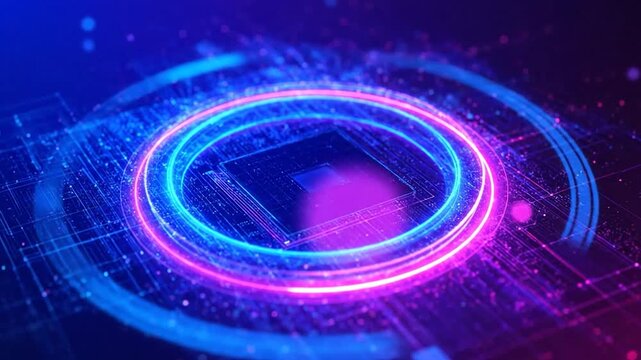 Circular neon interface surrounding a high-performance central processor.