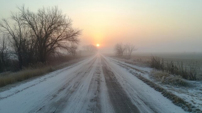 A rural road in the early morning with fog covering the ground and sun peeking over the horizon.