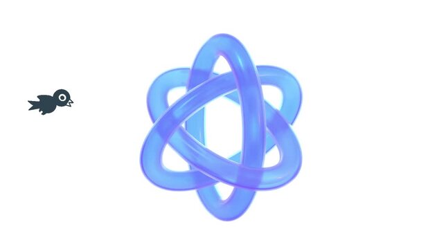 Blue 3D atom structure icon with a small bird graphic on white background