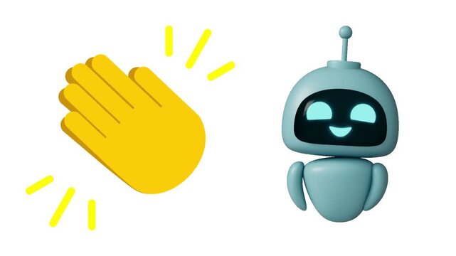 3D illustration of a cute robot waving hello with a yellow hand emoji icon