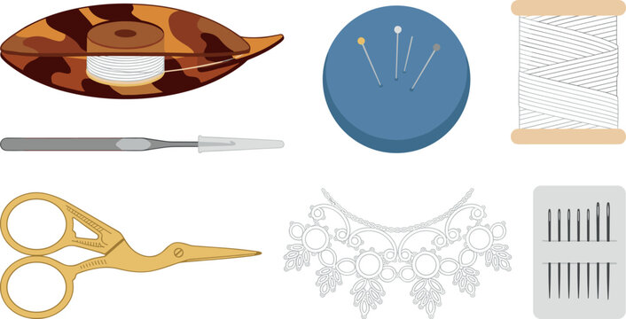 Tatting Lace Making and Needlework Tools Vector Set with Shuttle Pincushion Vintage Scissors Thread Spool Crochet Hook and Pack of Needles