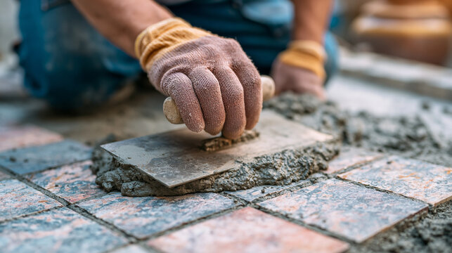 Skilled worker installing stone tiles using cement mortar and trowel for floor paving home improvement construction task.