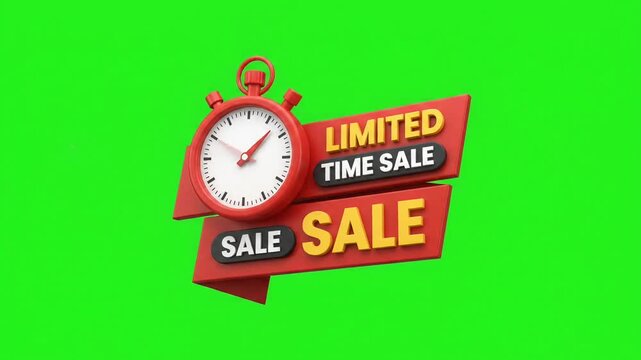 Red stopwatch animation displaying limited time sale against green scr