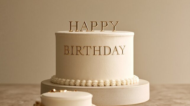 Elegant minimalist single tier happy birthday cake with smooth cream frosting and gold capital text on neutral warm beige background modern aesthetic birthday celebration dessert