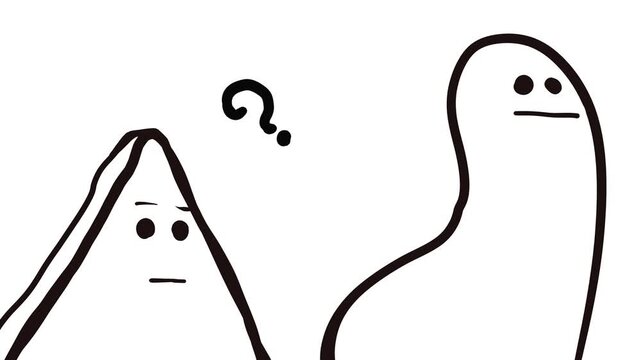 Cute cartoon animals or characters shaped like a rounded worm and a triangle are looking somewhere with blinking eyes. Between them is a question mark.