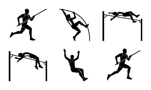 Athletics Silhouettes: Pole Vault, High Jump, Track and Field Athletes in Action, Sports Icons, Vector Set