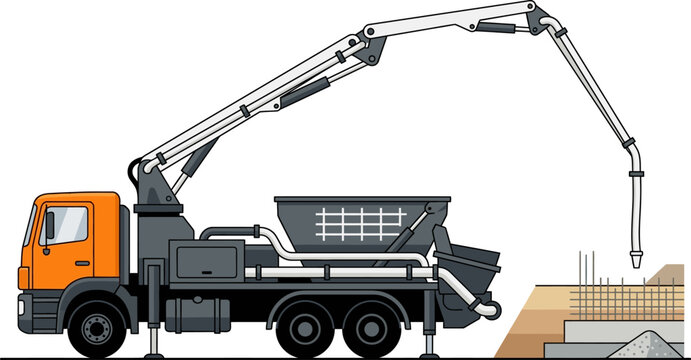 Flat vector illustration of a concrete pump truck on construction site