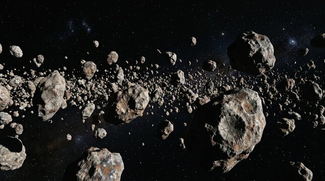 3D Illustration of Dense Asteroid Field Floating in Deep Space
