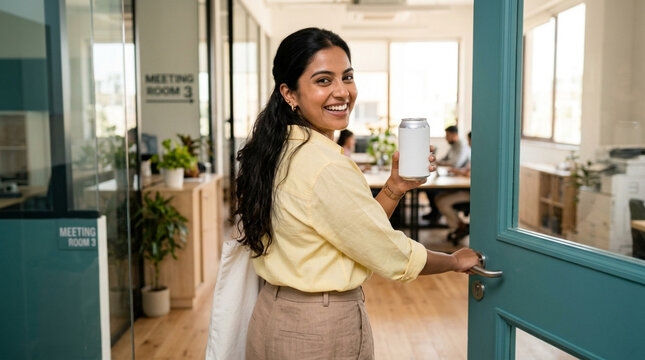 Happy Professional Woman Holding a Beverage Can while Standing in a Modern Office Doorway
