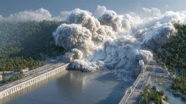 Dam collapse simulation in 3D render