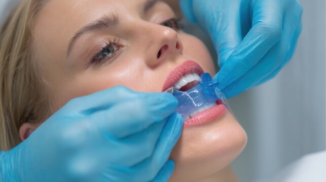 Dentist applying a blue dental dam during procedure