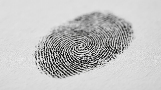 Spiral fingerprint whorl detail in black ink on textured paper for biometric authentication and law enforcement records.