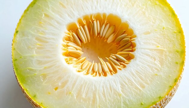 Close up top view slice of fresh organic sweet yellow melon fruit.