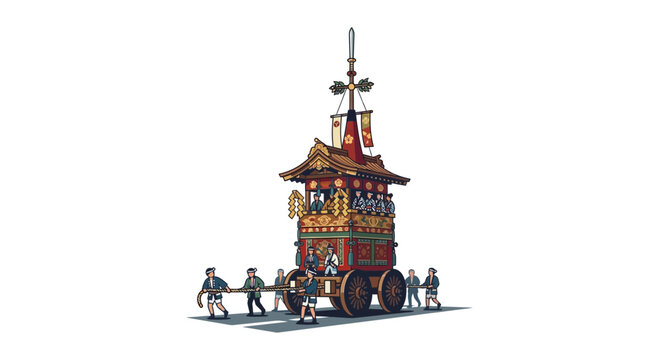 Tall Japanese festival float pulled by ceremonial team