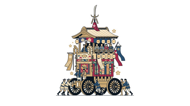 Tall multi-tiered Japanese Gion festival float and crowd