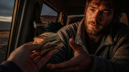 Fototapeta premium Man Receives a Sandwich in a Vehicle Capturing a Moment of Connection