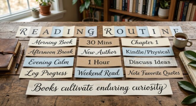 Reading Route and Quotes on a Wooden Table with Bookshelf Background