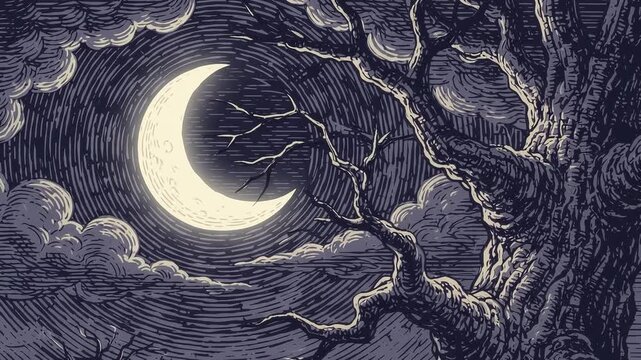 Spooky Woodcut Crescent Moon and Ancient Tree in a Cloudy Night Sky Landscape