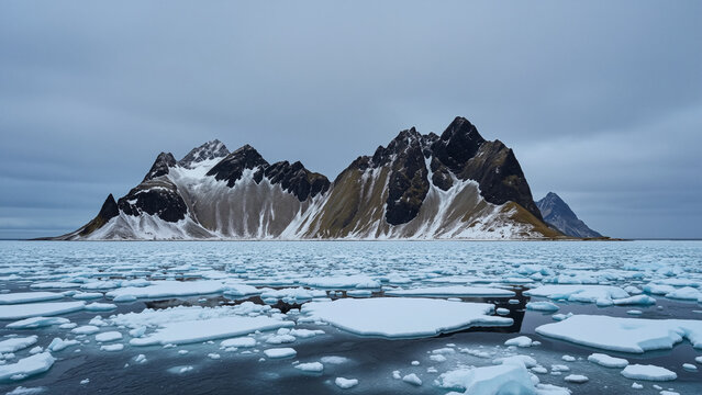 Arctic sea ice and snow-covered mountain landscape under a cloudy sky