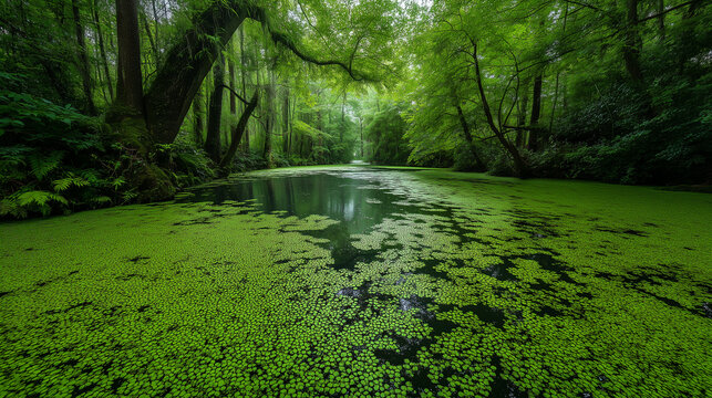 Dense green duckweed covering a stagnant pond surface in a lush tropical forest landscape.