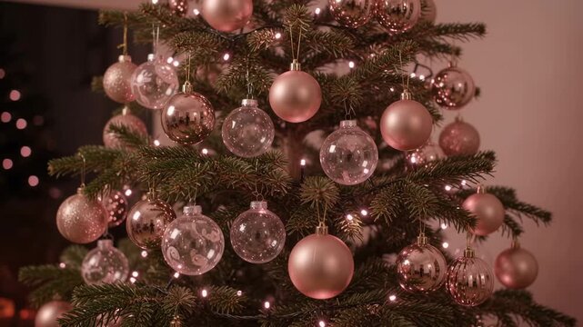 Elegant Christmas tree decorated with rose gold and clear glass baubles. Warm fairy lights shine on green pine branches in a cozy indoor setting, creating a festive holiday atmosphere.