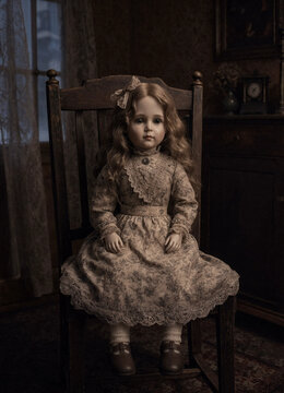 Vintage porcelain doll sitting on a wooden chair in a room