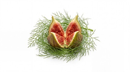 Fototapeta premium Ripe purple fig cut open on fresh green herbs over white background