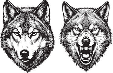 Fototapeta premium Dual Wolf Head Illustration, Calm and Snarling Black and White Line Art for Tattoo or Mascot