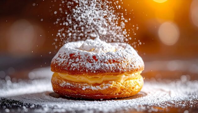 Delicious cream filled donut dusted with falling powdered sugar on wooden table.