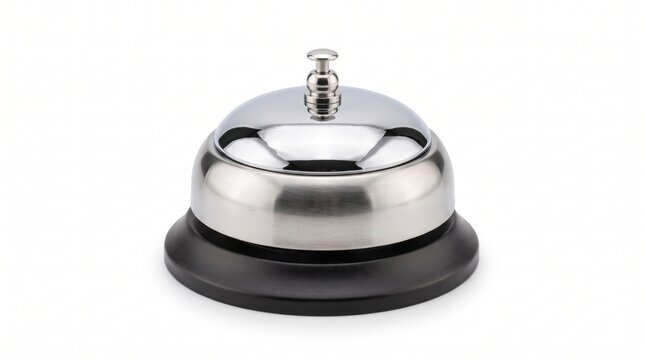 Shiny silver hotel service bell on black base
