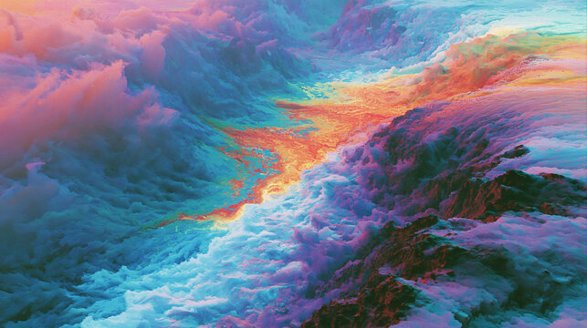 Surreal landscape with colorful clouds and rocky terrain forms a dreamlike abstract vista for fantasy art.