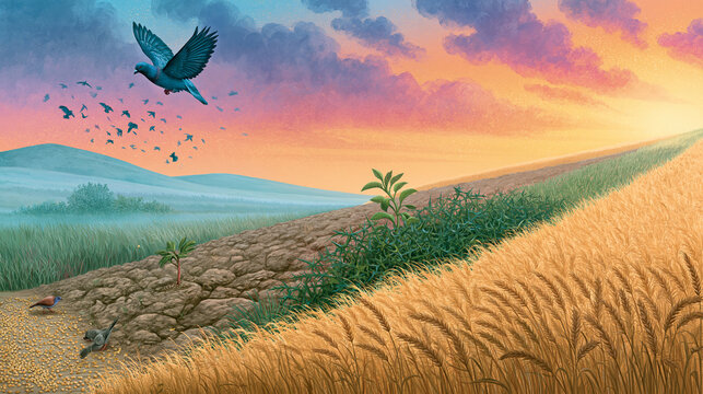 Symbolic biblical parable of sower depicting birds eating seeds on path rocky ground thorns and fertile wheat field soil.