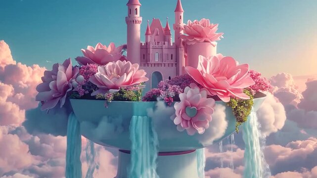 Pink fairy tale castle floating on clouds and fountain.