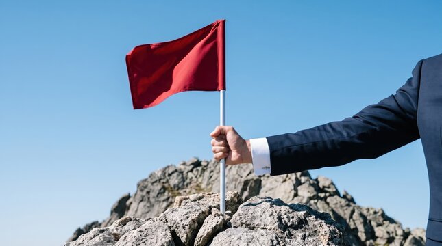 Businessman hand holding red flag on mountain peak symbolizing success achievement goal reached leadership victory challenge conquered corporate strategy win top summit
