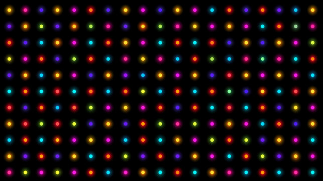 Symmetrical grid of multi colored glowing bulbs displays organized light array for futuristic tech background design.