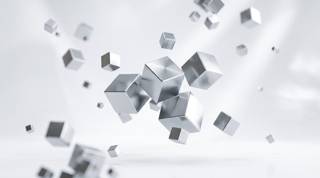 Abstract 3D metallic silver cubes floating in white space modern minimalist geometric shape design texture architecture structure construction block element clean simple art