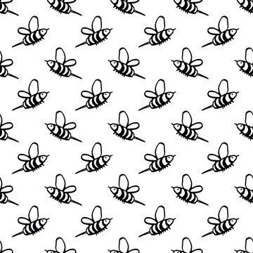 Seamless pattern with hand drawn happy funny cute honey bee Adorable flying striped insect friendly kawaii bumble bee For kids print, wrapping paper, packaging, fabric
