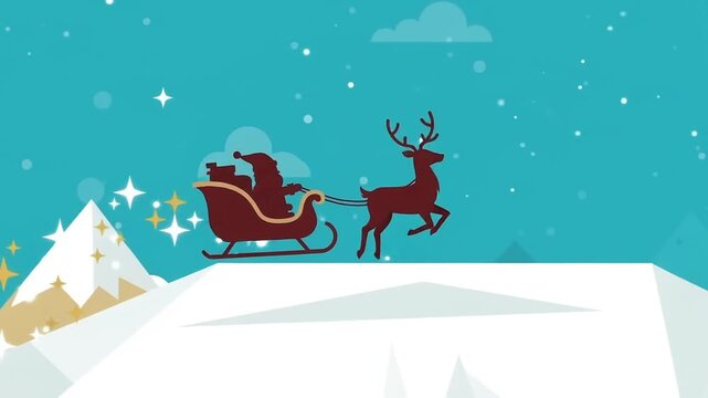 Santa Claus flying in a sleigh pulled by a reindeer over snowy mountains on Christmas eve flat vector illustration