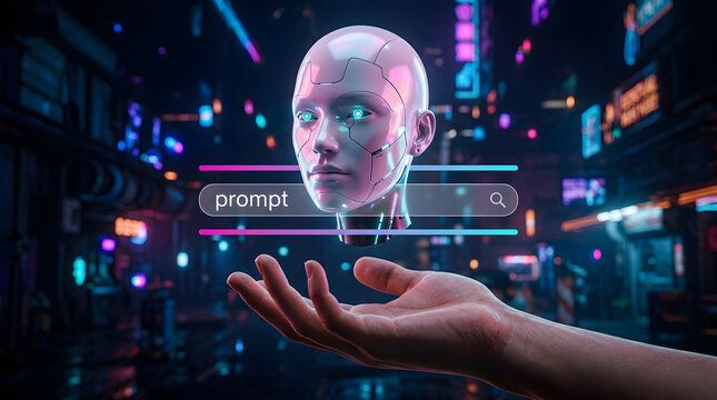 Digital robotic face interacting with floating prompt interface