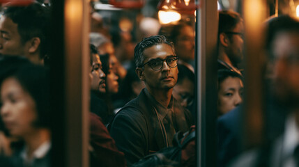 Fototapeta premium Commuter Standing in a Crowded Subway Train During Rush Hour