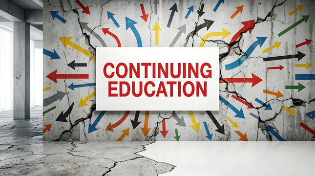 Multidirectional arrows emphasize continuing education on cracked