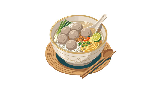 Detailed illustration of meatball noodle soup in a bowl