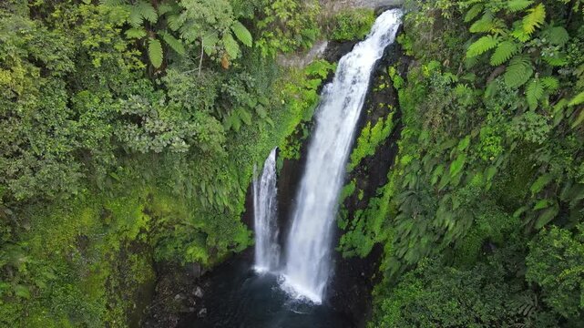 Aerial Footage of Gomblang Waterfall Flowing Through a Tropical Forest with Pristine Water, Wild Trees, and Large Rocks During Morning in Indonesia. The Scenic Cascade and Dense Wilderness from Above.